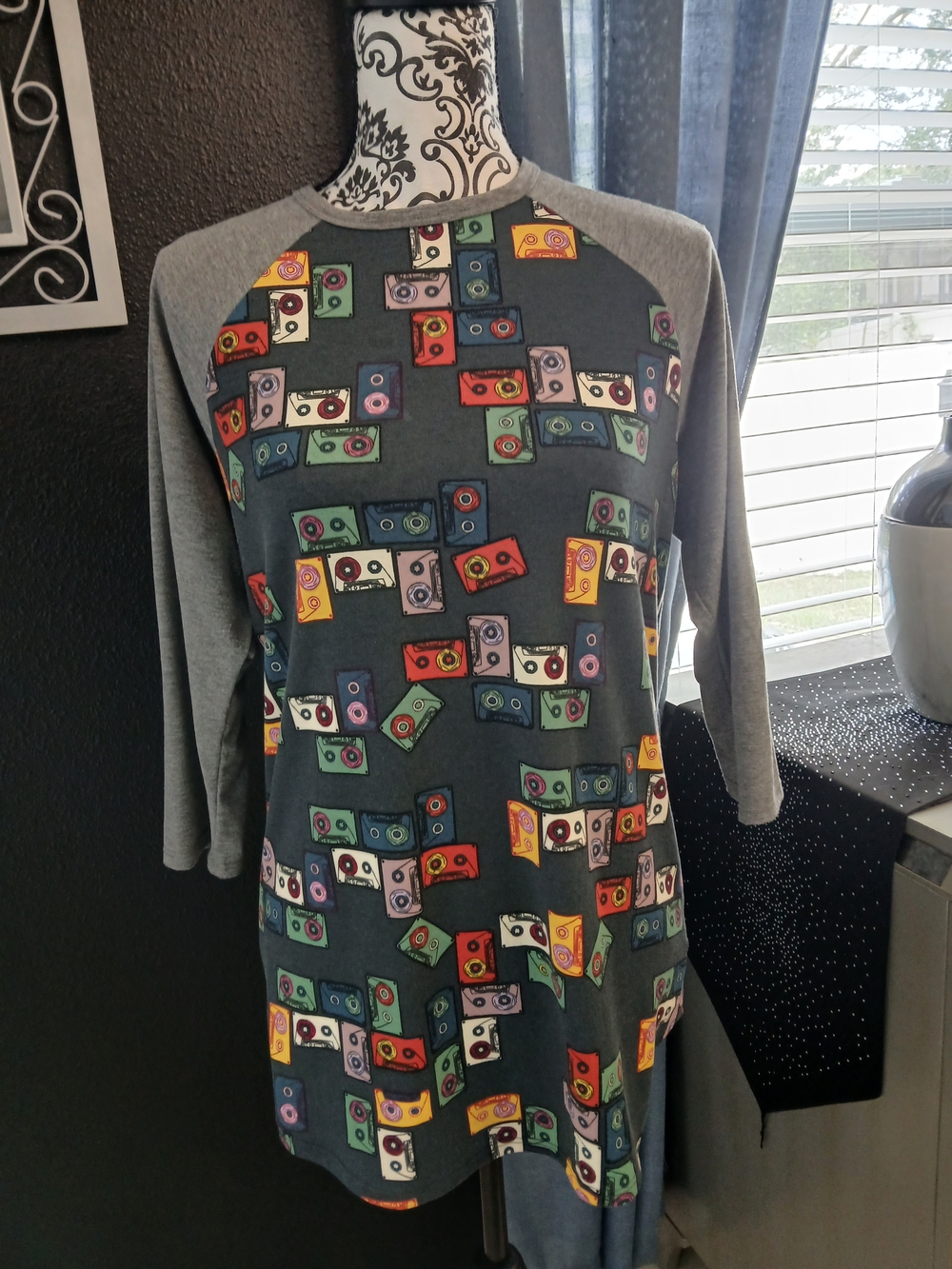 LuLaRoe Gray Raglan Tee with Colorful Retro Cassette Print